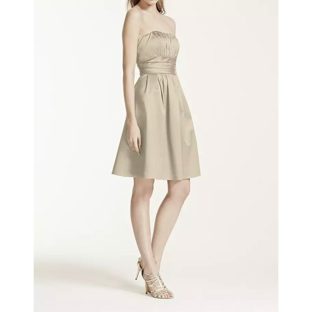 Davids Bridal Womens Cotton Sateen Short Strapless Ruched Dress Champagne size 6